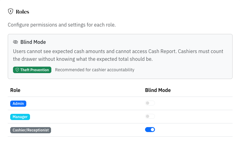 Screenshot of RevenueRegister's Blind Mode setting