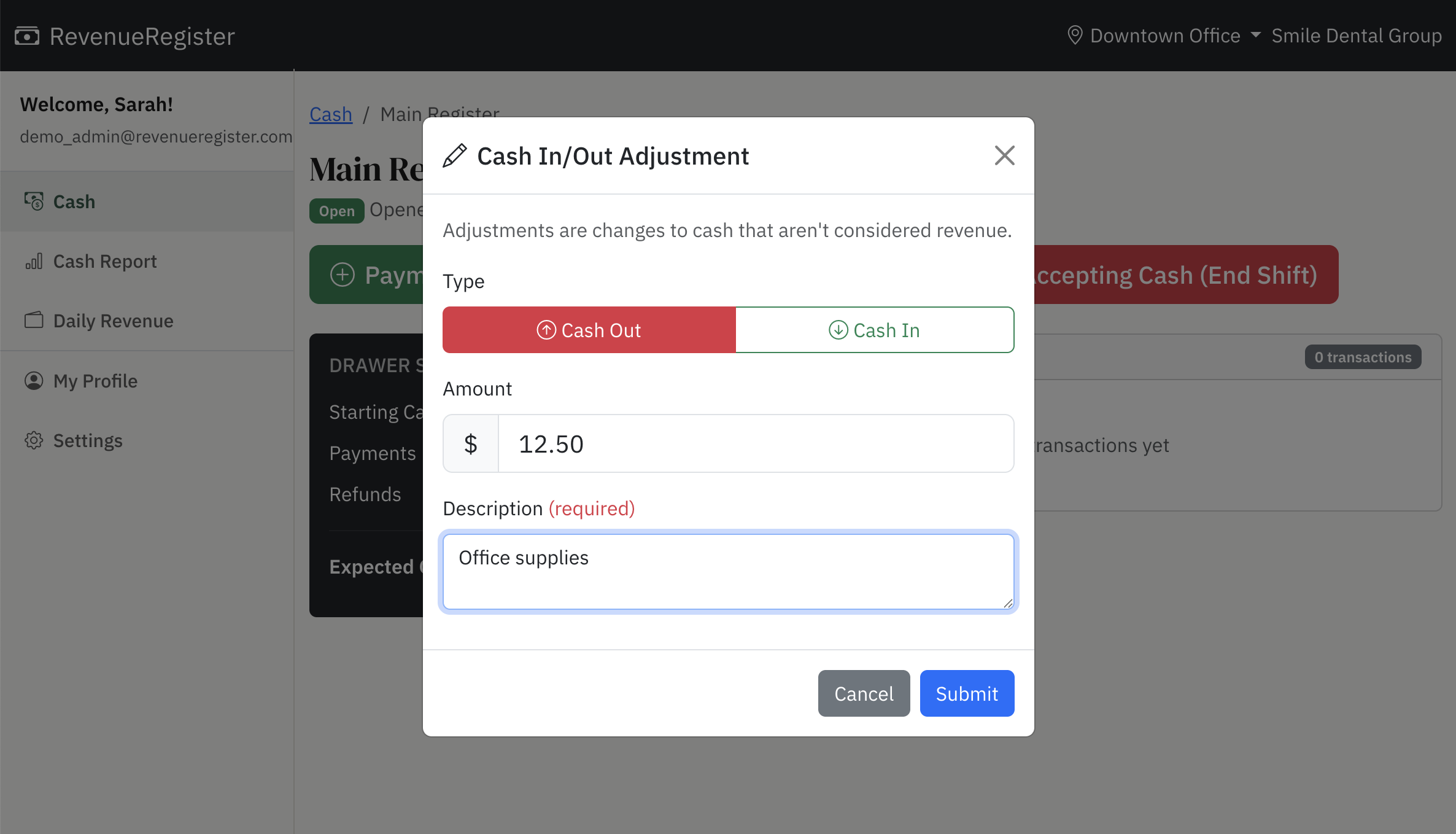 Screenshot of RevenueRegister's petty cash tracking interface