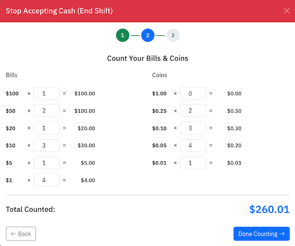 Screenshot of RevenueRegister's denomination counting interface